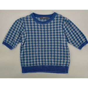 Womens Light Blue Sweater Checkered Knit Short Sleeve Top Preppy Chic Size Small